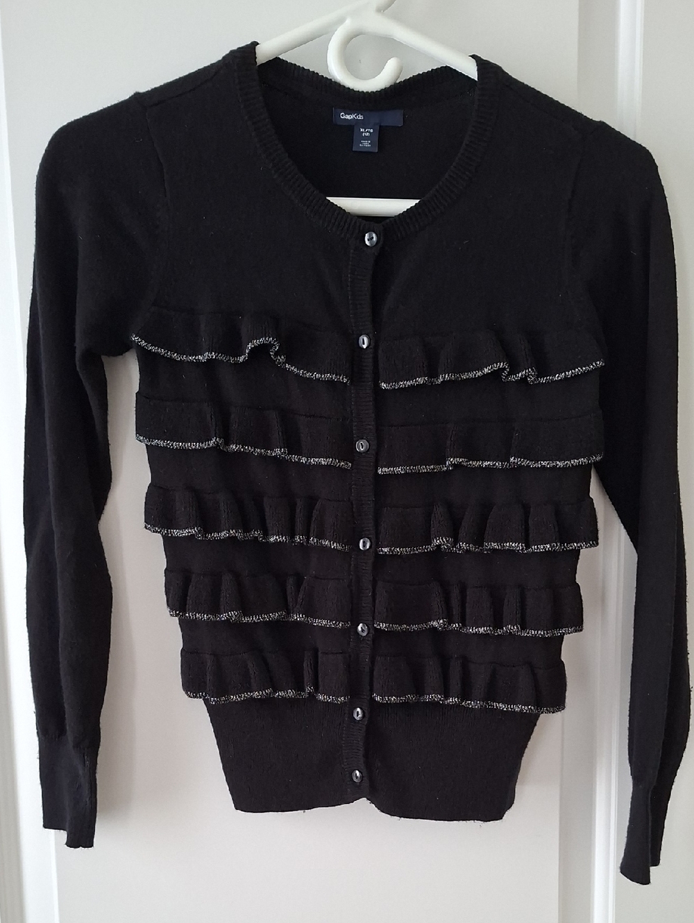 GAP Black With Silver Ruffle-Trim Cardigan Sweater Size 12